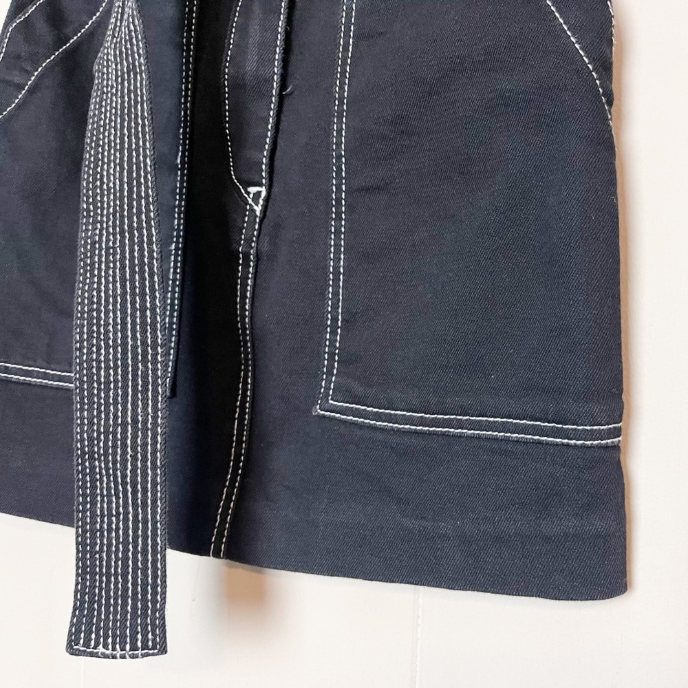 Sandro Paris Black Denim Mini Skirt 1 Small Belted Pockets A-Line Minimalist - Picture 4 of 10